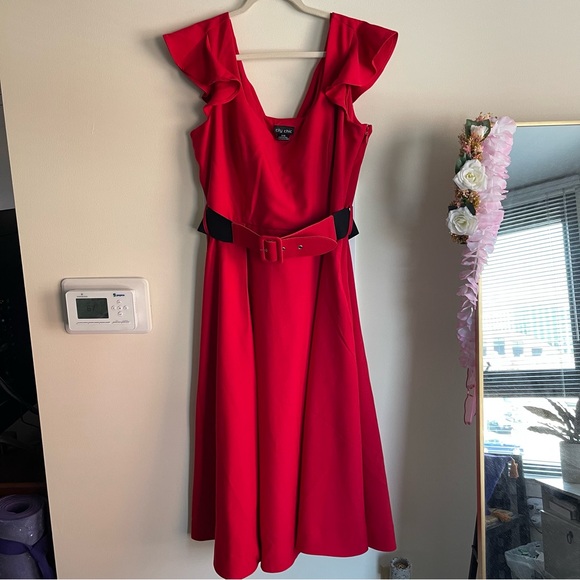 NWOT City Chic Retro Flutter Sleeve Belted Fit and Flare Dress - Picture 2 of 6